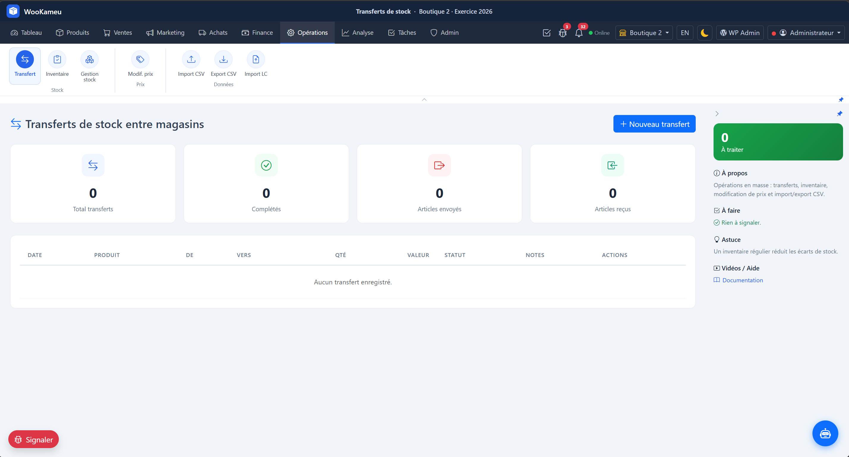 Vue principale — WooKameu operations